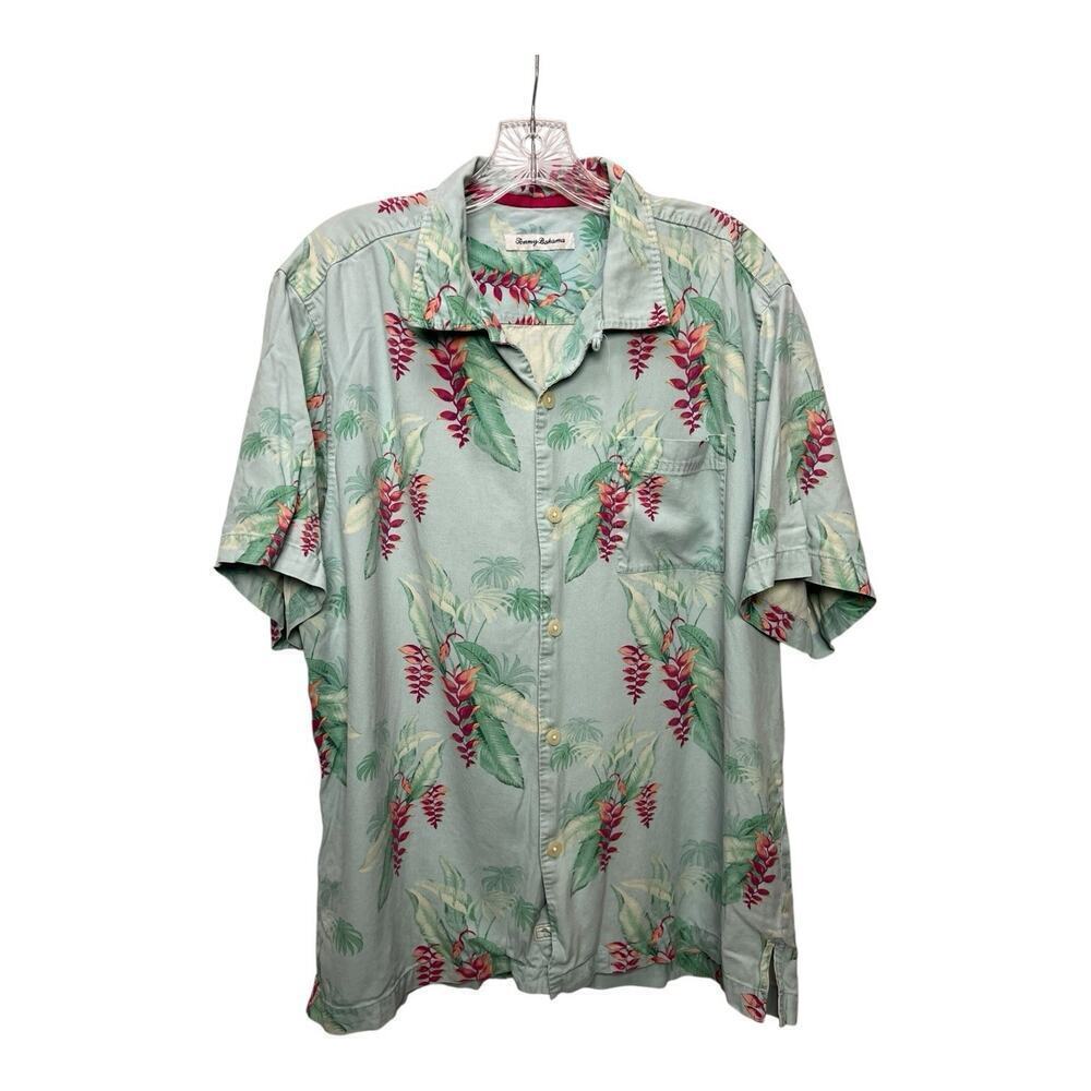 Tommy Bahama Shirt Mens Large Blue Silk Flowers Floral Coastal Beach